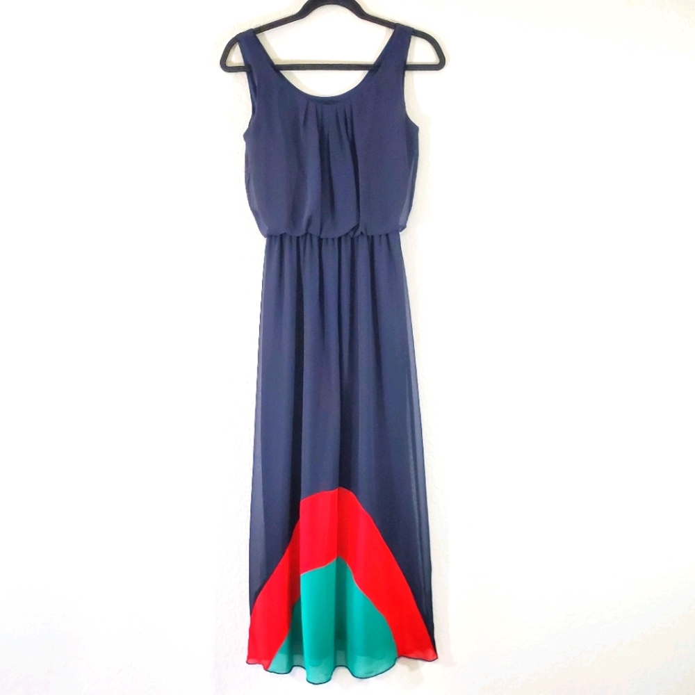 Blouson Maxi dress size small blue red & green